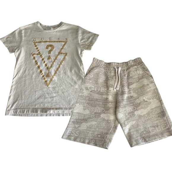 Guess Kids Beige T-Shirt & Shorts Set L (7) Logo Design Cotton & Polyester - Picture 1 of 10